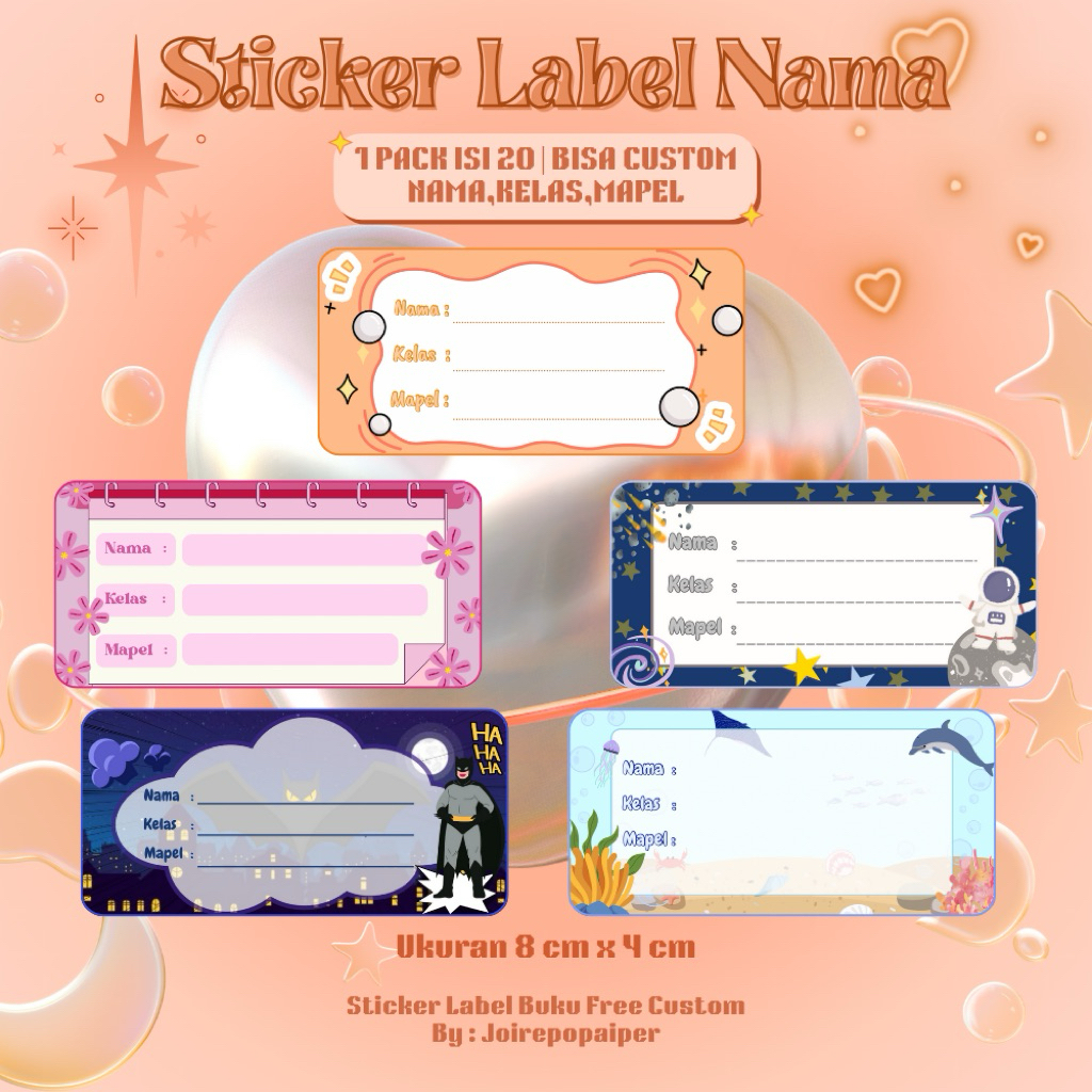 

STICKER LABEL NAMA BUKU LUCU | 1 PACK ISI (20) | BISA MIX | BISA CUSTOM NAMA, KELAS DAN MAPEL