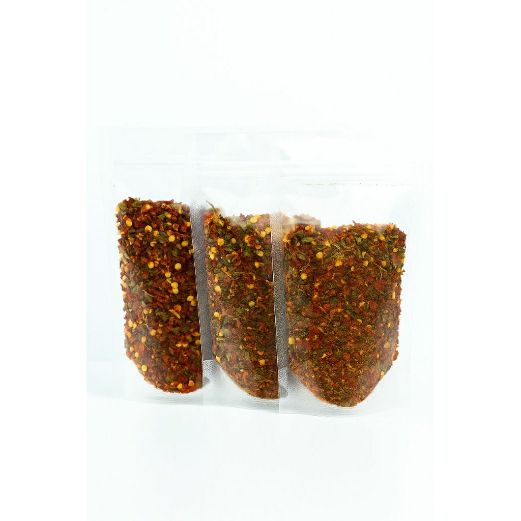 

cabai bubuk daun jeruk/cabai kasar siap tabur/sambal tabur pedas/bumbu tabur pedas daun jeruk/cabai tabur aromatik untuk masakan