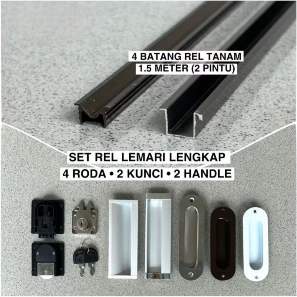 Set Rel Lemari Sliding Model Tanam 3141 Pintu, Rel Lemari Geser Lengkap Dengan Roda Kunci Handle
