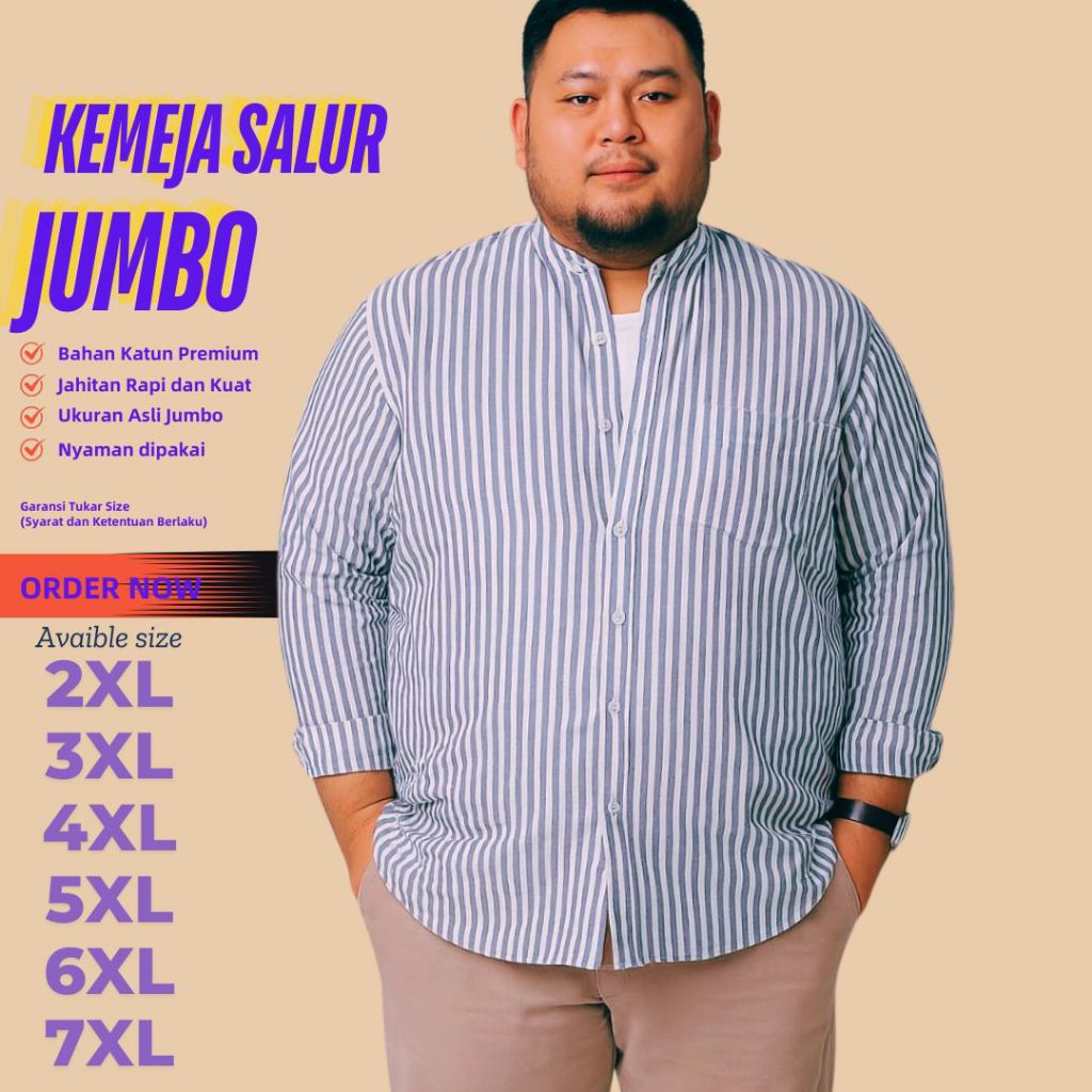 Kemeja Salur Pria Jumbo Lengan Panjang Katun Premium Big size Termurah