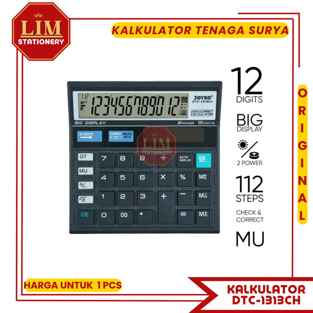 

Joyko Calculator DTC-1313CH / Kalkulator 12 Digits 12 Angka BERKUALITAS +Pengoreksi Angka