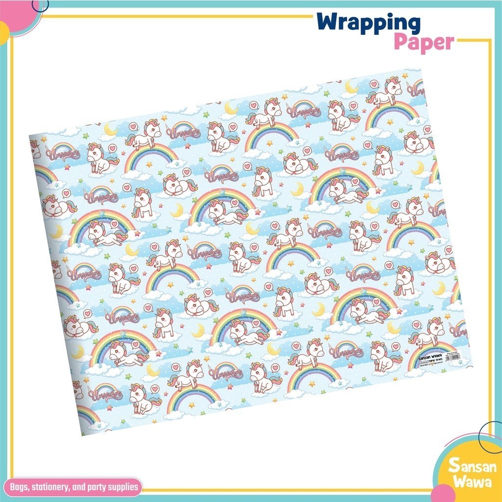 

(Paket 5 lembar) Motif unicorn lembar Kertas Kado uk standar Sansan Wawa - wrapping paper gift untuk birthday ulang tahun pesta wedding