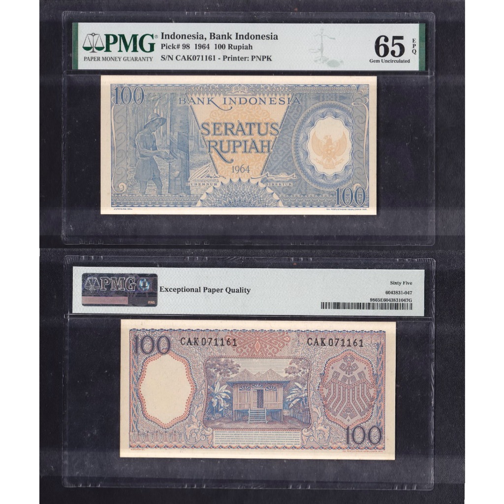Uang kuno PMG 65 EPQ - 100 Rupiah (biru) tahun 1964 seri Pekerja-2 S/N CAK071161