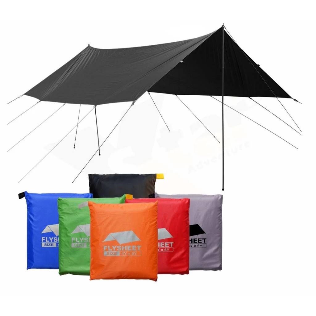 Eiger - paketan lengkap flysheet tenda camp waterproof 4x6 yard flysheet + tiang + tali guyline + pa