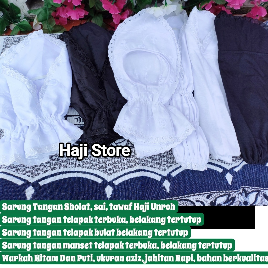 sarung  tangan sholat haji umroh bayak varian model warnah hitam dan puti