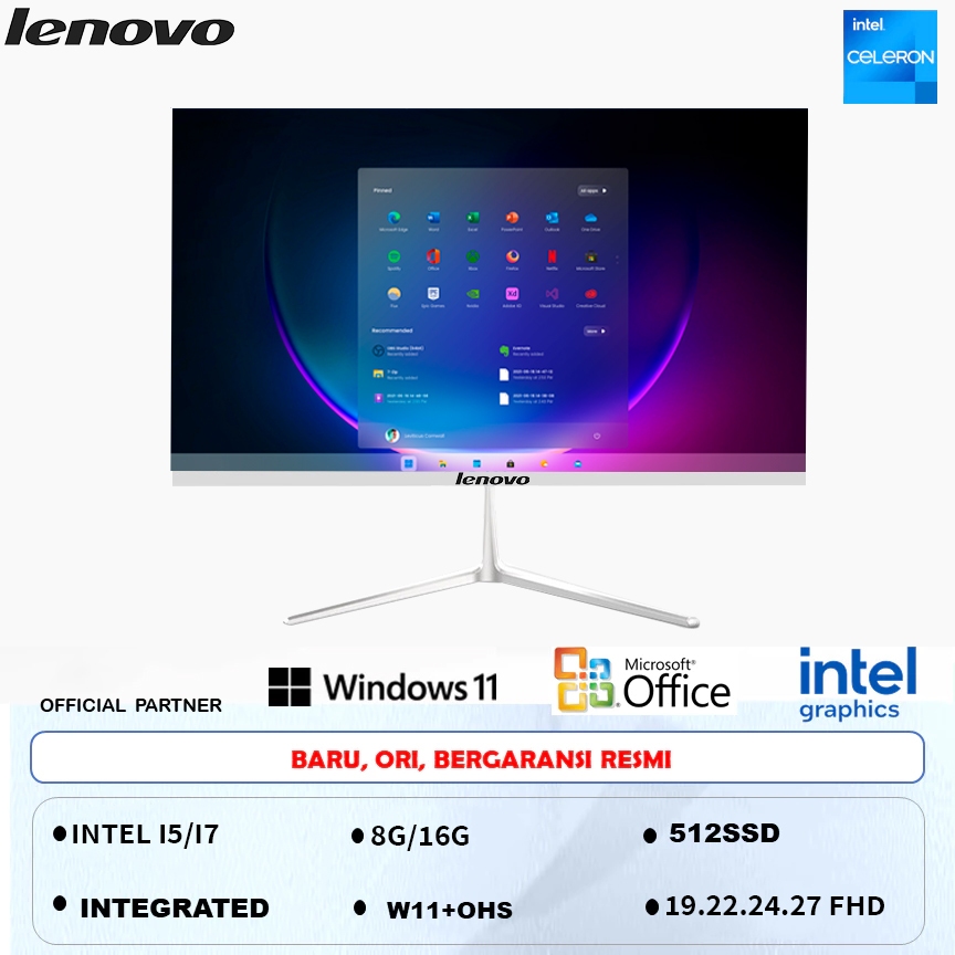 lenovo Komputer Full PC All-in-On 19’ 22’  Baru Terbaru HD Super Tipis Intel Core i3/i5/i7 Untuk Rum