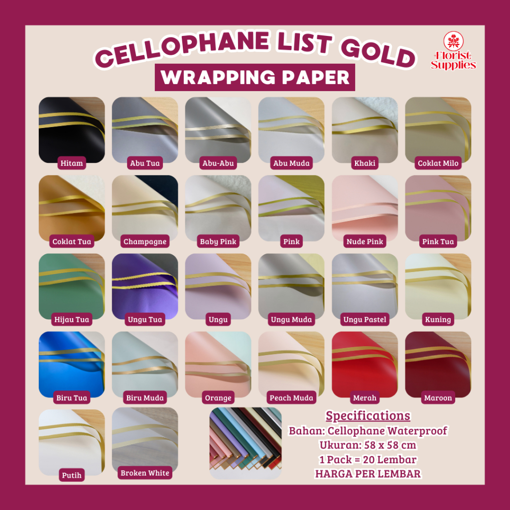 

Flower Wrapping Paper Varian List Gold Emas Kertas Buket Bunga Murah Cellophane Florist Goldline