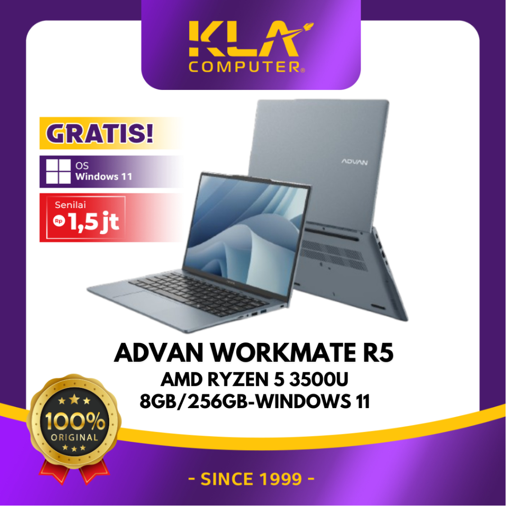Advan Laptop Workmate AMD Ryzen 5 3500U 8GB SSD 256GB 14 Inch FHD+ Windows 11 Original Garansi Resmi