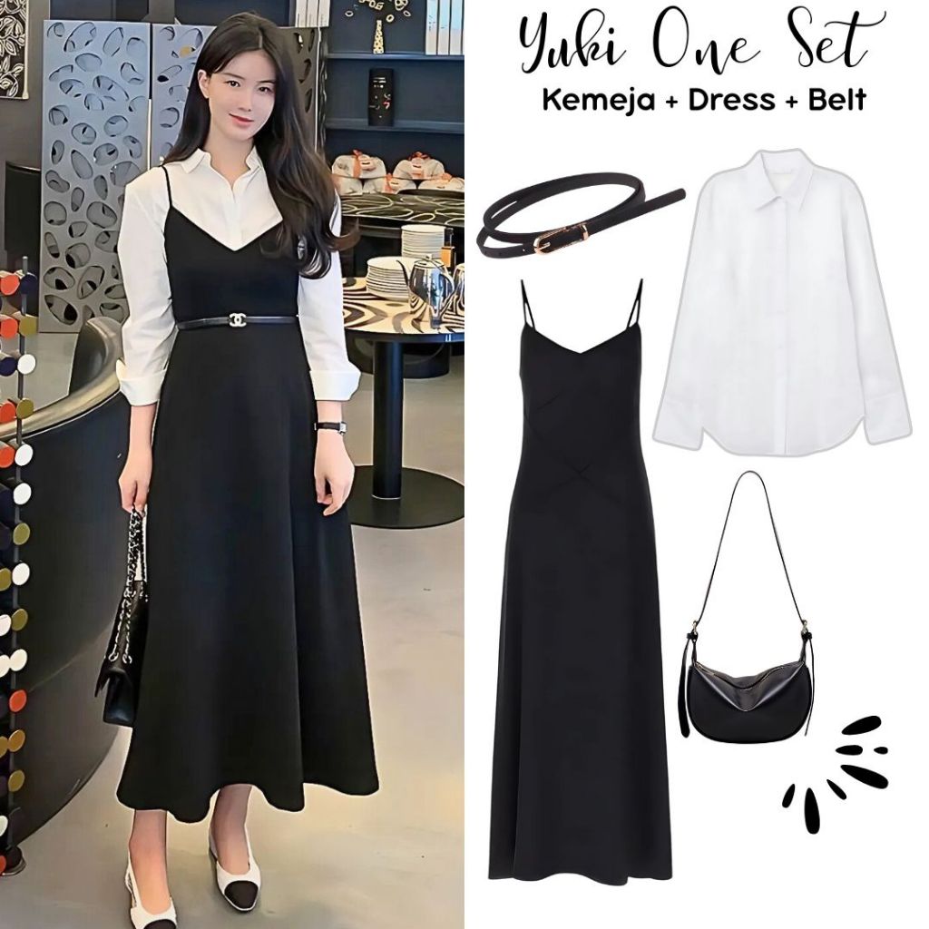 one set 3in1 kemeja + dress + belt |ootd outfit main hangout kerja kampus kuliah resmi keluarga pere