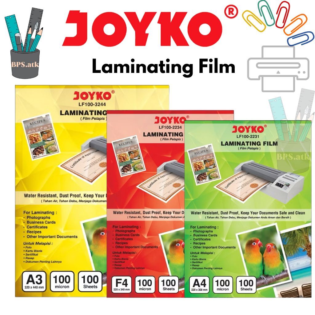 

(1 Pak) JOYKO Laminating Film / Plastik Laminating LF100-2231/LF100-2234/LF100-3244 |A4/F4/A3 100 Sheets