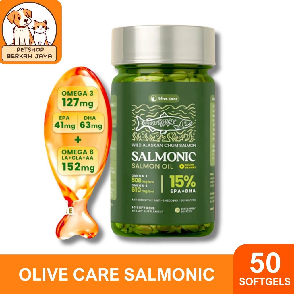 Olive Care Vitamin Minyak Ikan Kucing SALMONIC Murni & Alami Non-GMO Tinggi Omega 3 EPA DHA Omega 6 