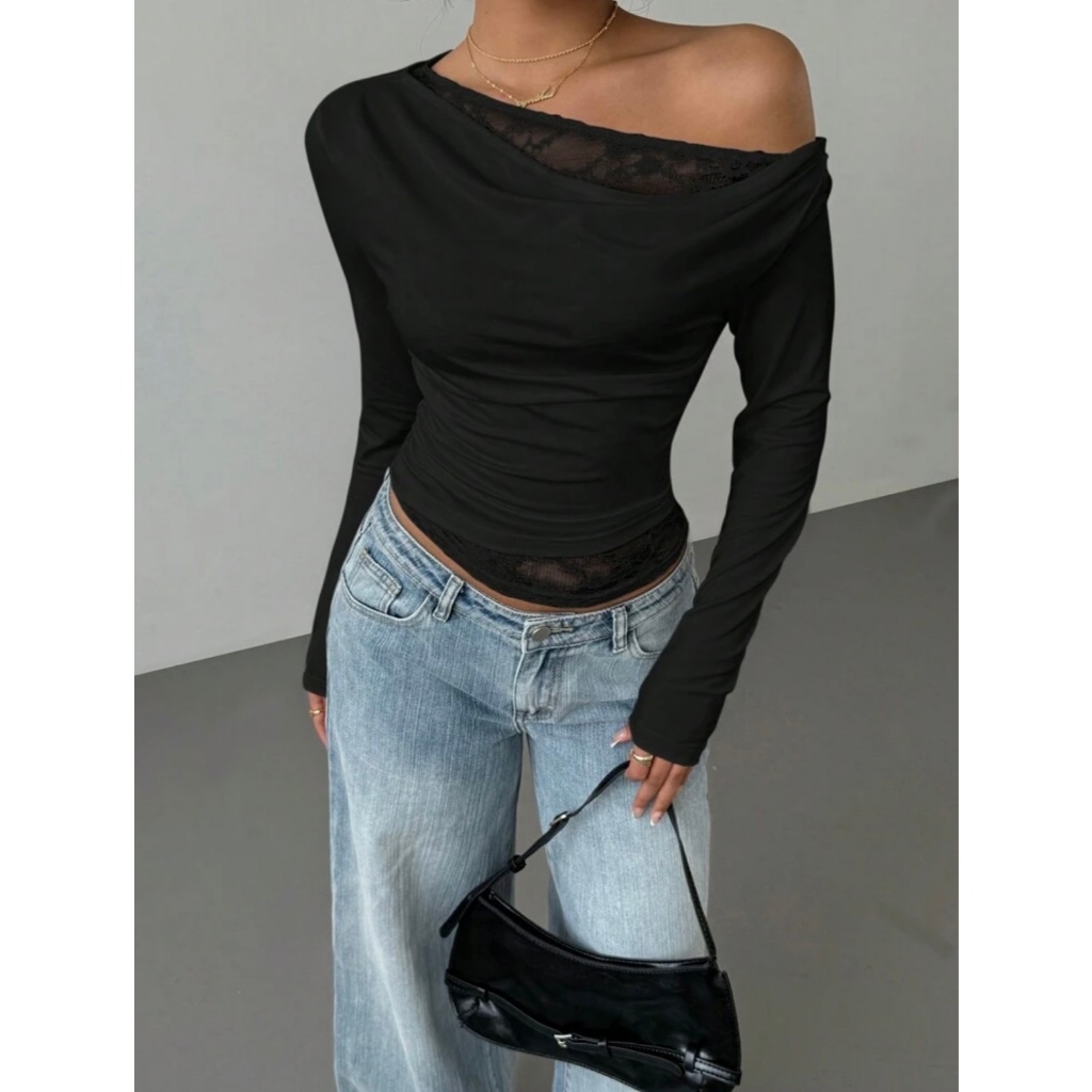 Oblique Shoulder Lace Top | SHEIN | One-Shoulder Long Sleeve Lacey Top | Off Shoulder Woman Top | St
