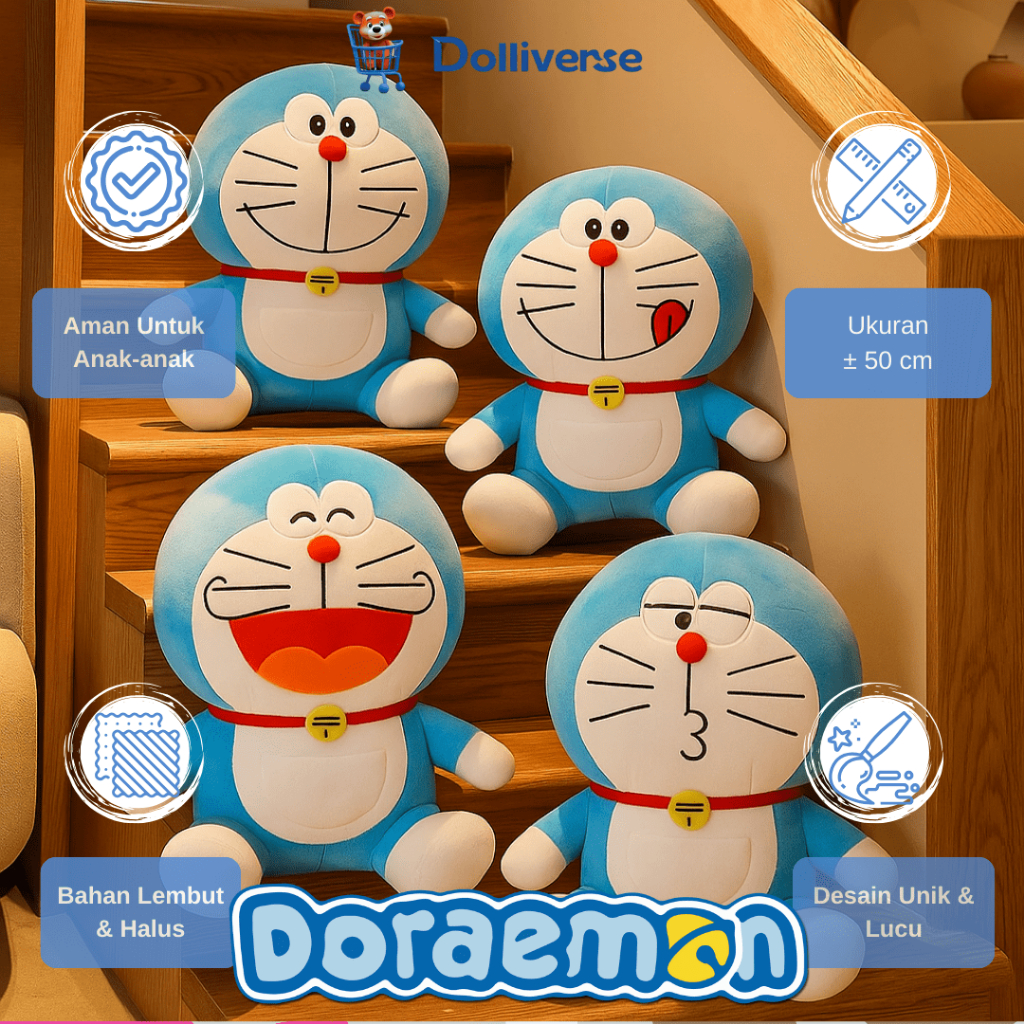 Dolliverse Boneka Doraemon Senyum & Mulut Manyun & Mulut Ketawa & Mulut Melet Ukuran Tiggi 50 CM