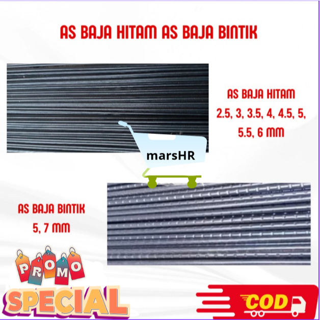 As Baja Hitam As Baja Bintik dan Polos Ukuran 2.5, 3, 3.5, 4, 4.5, 5, 5.5, 6, 7 mm Panjang 1Meter