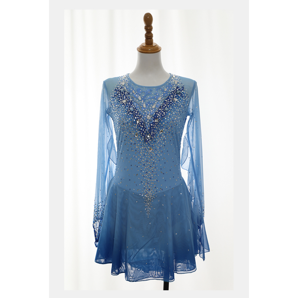 Ice Dance Elf Figure skating performance costumes children's adult women's Blue Flare Dress BD37