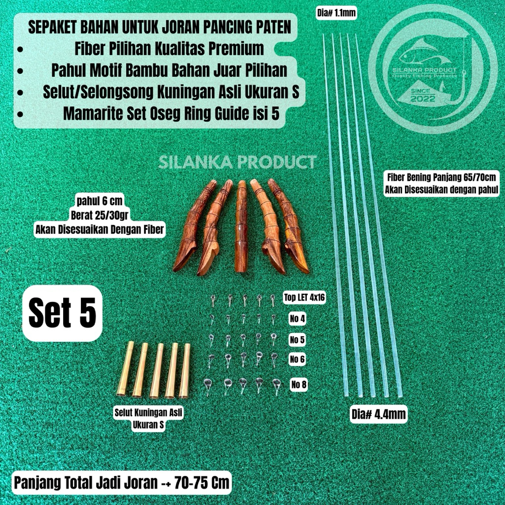 Sepaket Bahan Joran Pancing Paten Selut kuningan asli, Pahul Kayu Juar U/Jerpon 70-75cm fiber Bening