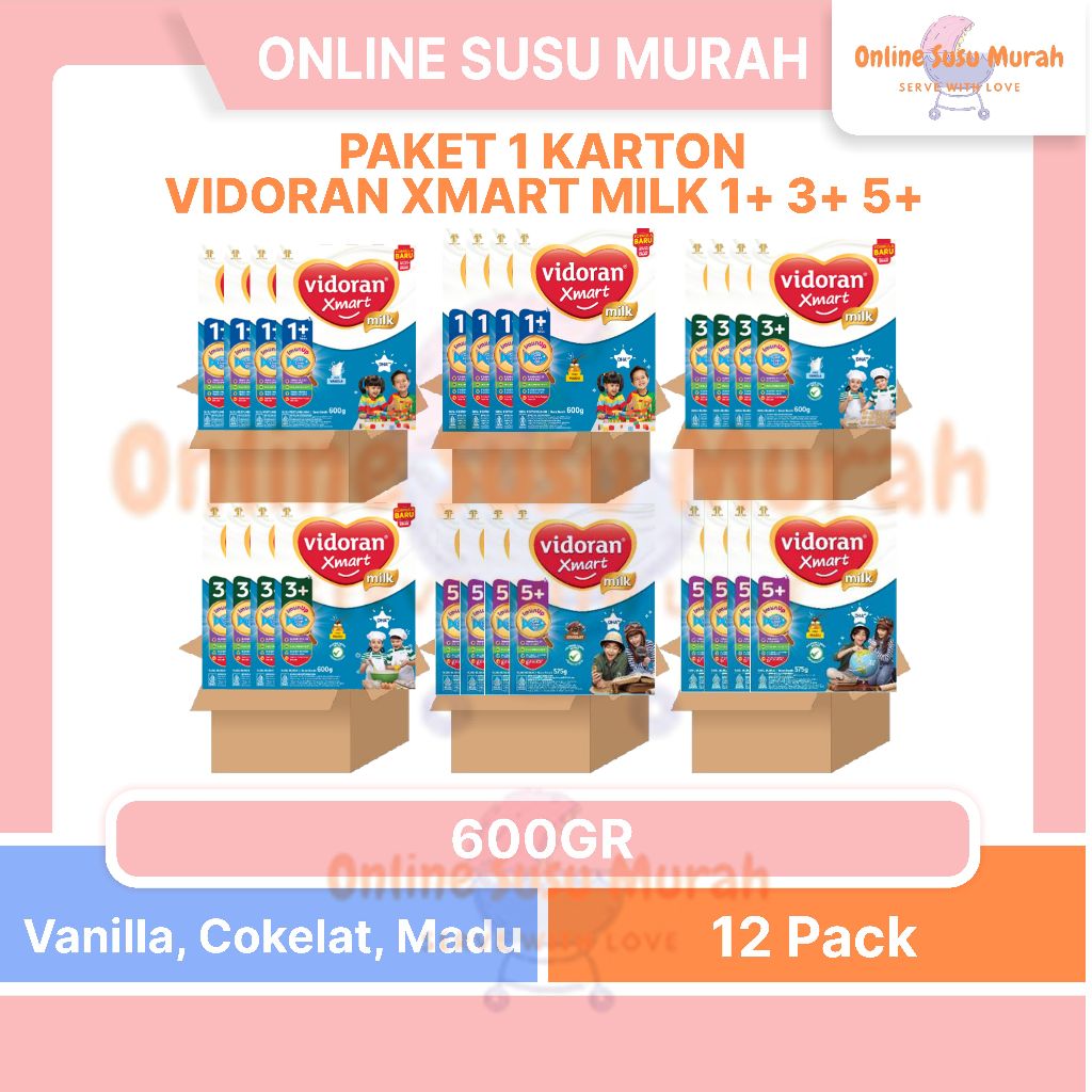 VIDORAN PAKET 1 KARTON XMART MILK 1+ 3+ 5+ 600GR 575GR VANILA MADU COKELAT TAHAP 1 3 5 600 575 SSKD