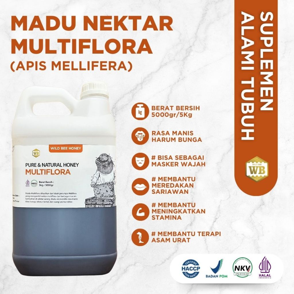 

WB Wild Bee Madu Curah Asli - Madu Multiflora 5 kg Bersertifikat / Madu Wild Bee / Lebah Hutan - Beli 10 Gratis 1