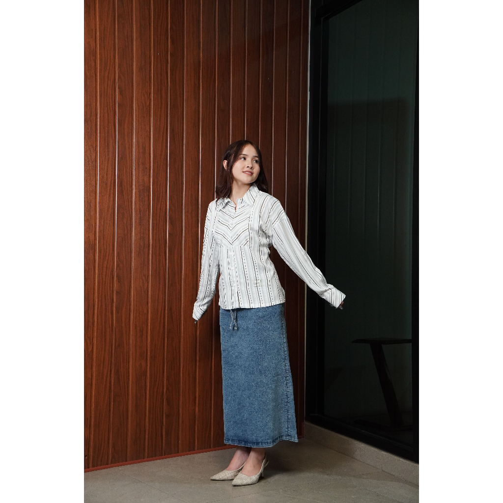 Missty Freeteen Blouse Atasan Warna Hijau Hitam Putih Motif Garis Model Korea (36620)