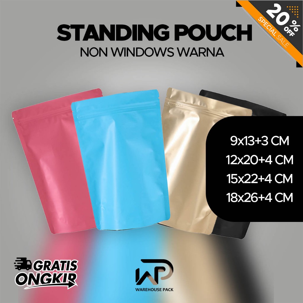 Standing Pouch Full Allumunium Warna Warni | Metalized Foil Non Windows | Standing Pouch Ziplock | S
