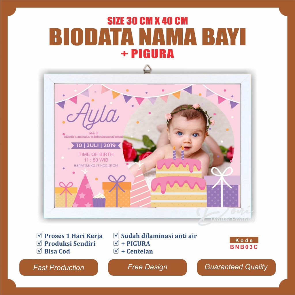Biodata Kelahiran Bayi + Pigura Ukuran Jumbo 12 R 30 cm x 40 cm BNB03