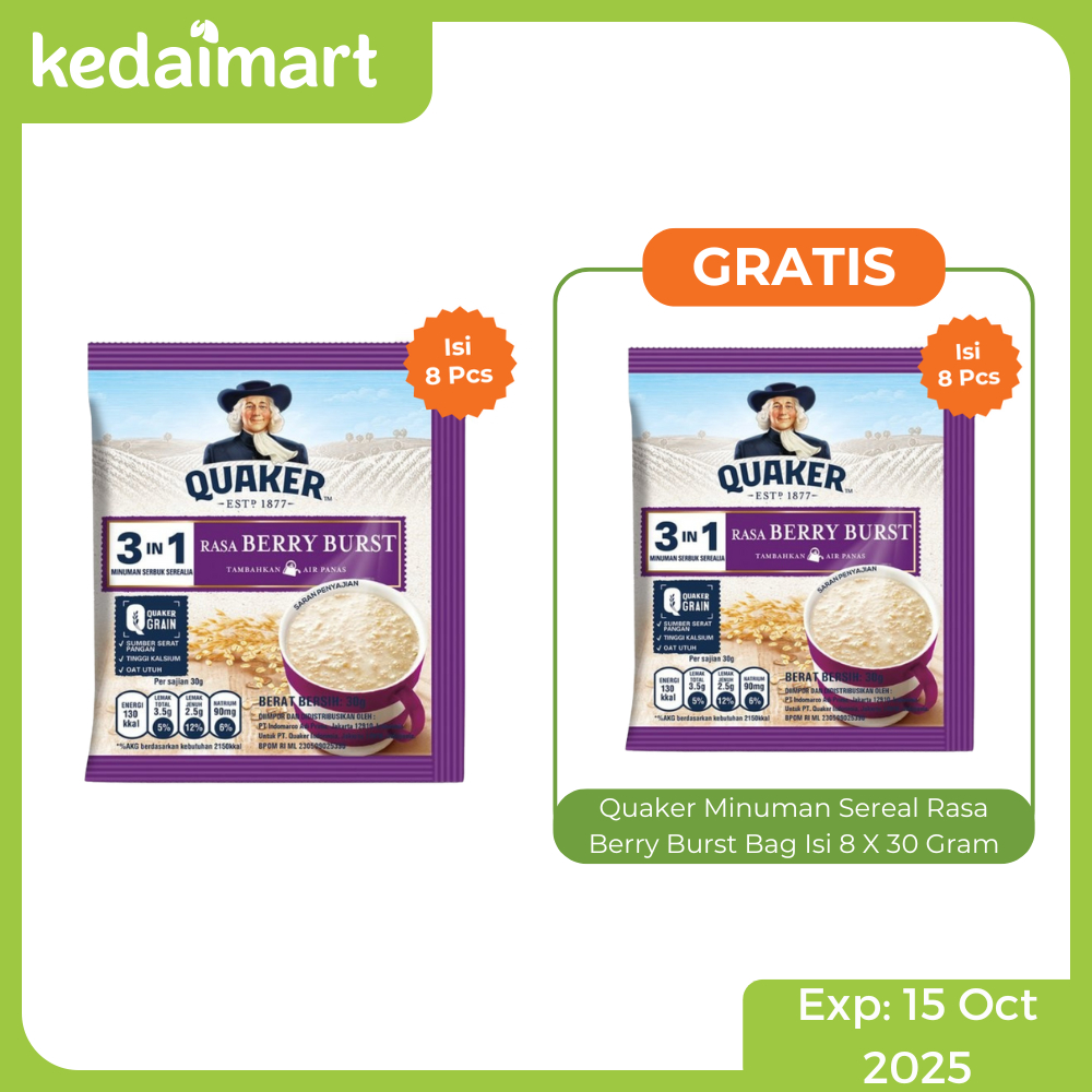 

Buy 1 Get 1 Quaker Minuman Sereal Rasa Berry Burst Bag Isi 8 X 30 Gram