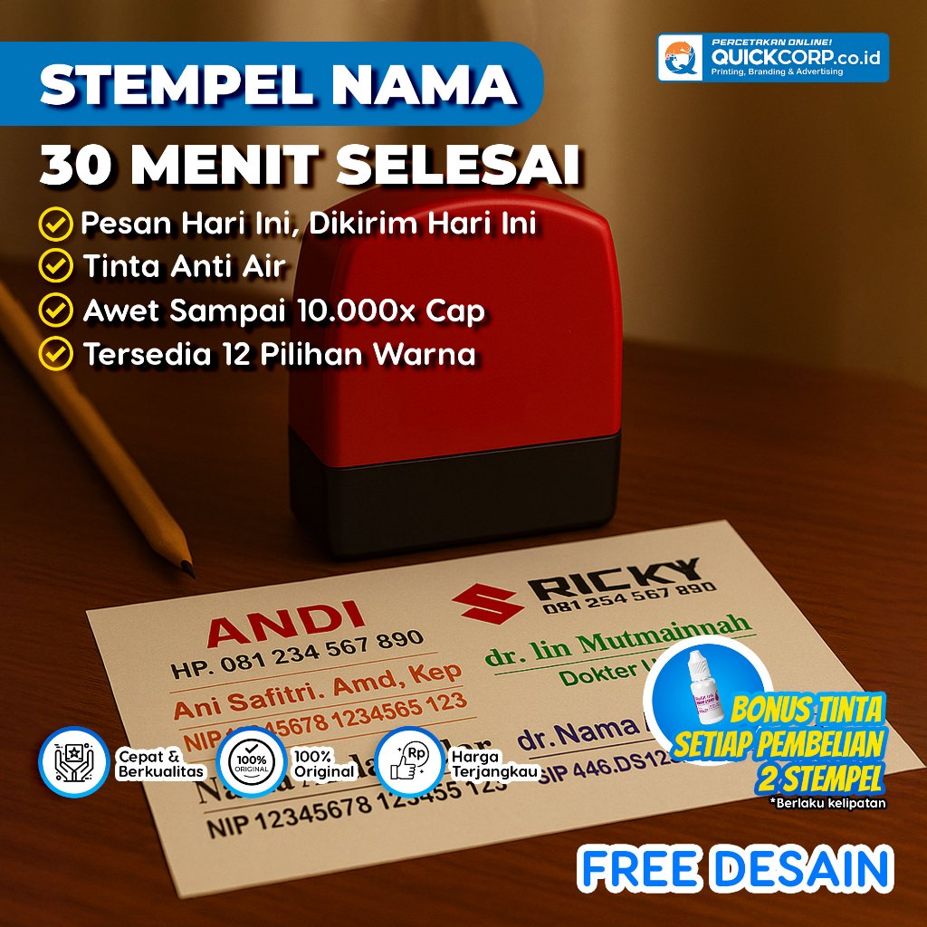 

Stempel Nama Flash Mini Ganci ( Gantungan Kunci ) Stempel Dokter Bidan Perawat Apoteker Jabatan NIP SIP NO HP Lunas Received Paid Stempel IDI