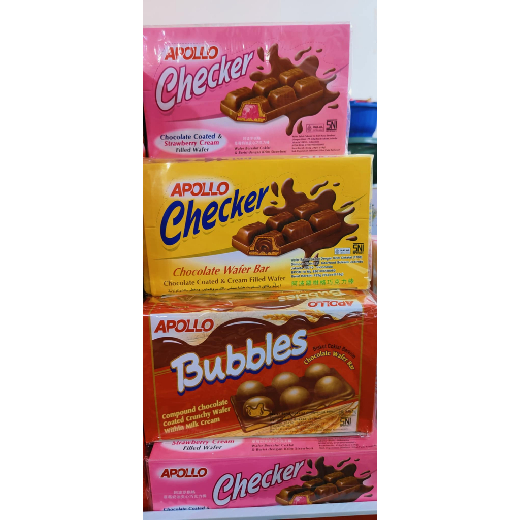 

Apollo Checker/ Chocolate Wafer Bar/ Biskuit Berlapis Coklat dan Cream Isi 24pcs@18gram