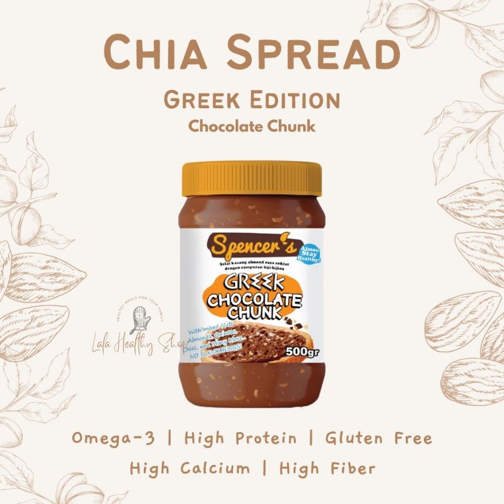 

Spencer's Chia Spread Greek Chocolate Chunk (500g) | Selai Kacang Almond Coklat Crunchy Rendah Gula