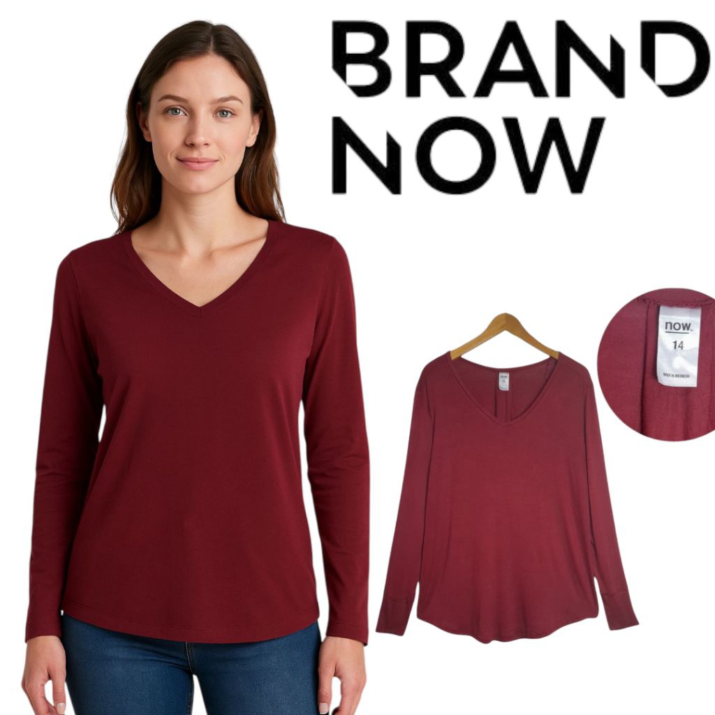 Kaos Wanita Lengan Panjang – Kaos Polos V-Neck Casual Merah Maroon Adem Size Jumbo branded Now