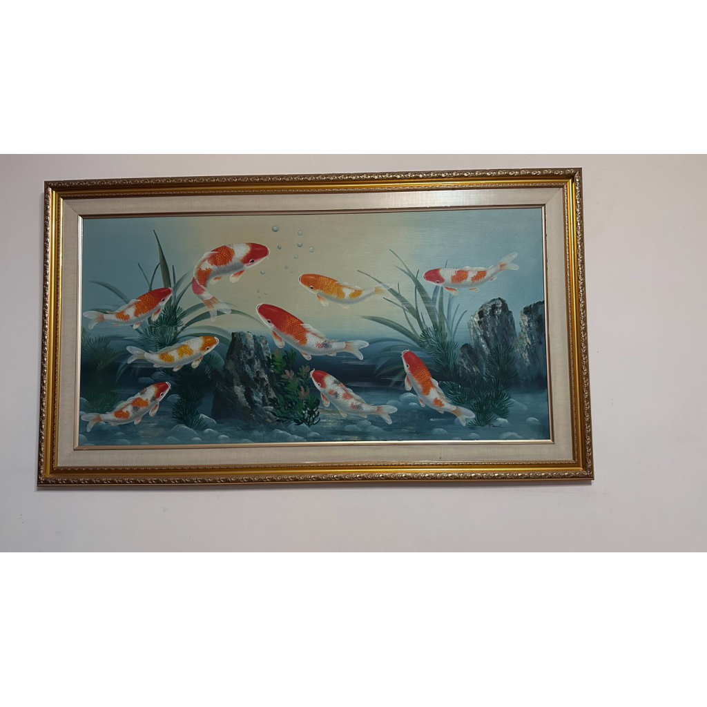 Lukisan kanvas ikan koi oil painting 9 koi fish | lukisan canvas pembawa keberuntungan