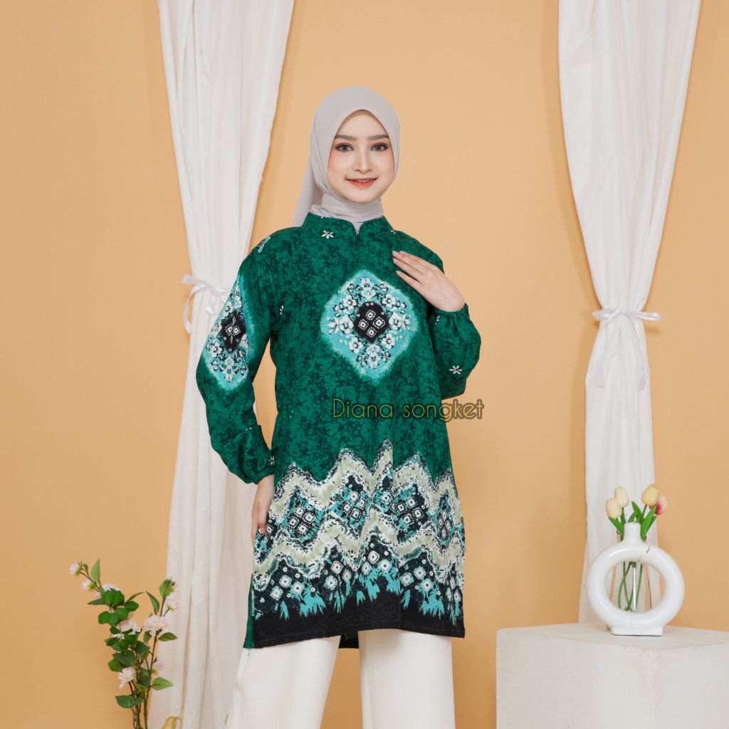 tunik jumputan hijau botol/atasan wanita/tunik kerja
