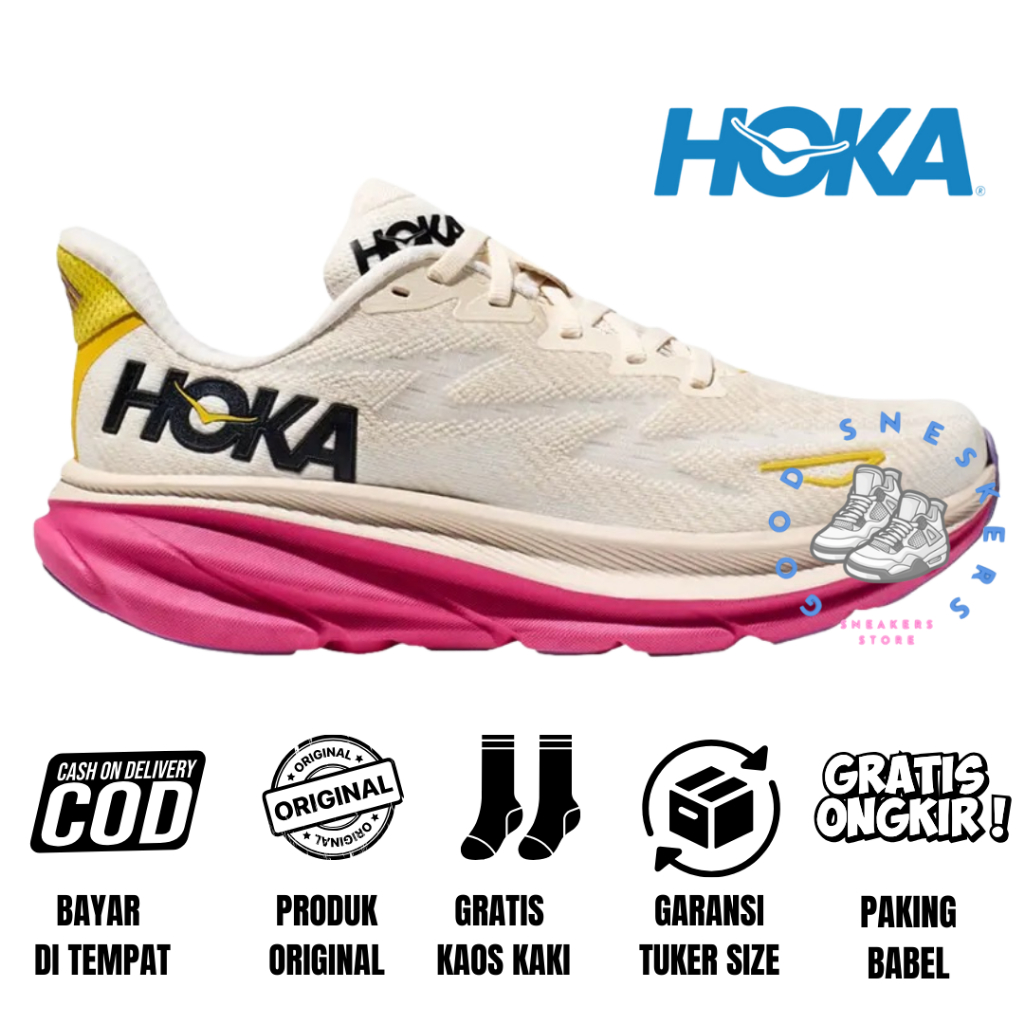 Sepatu Running Wanita Hoka Original Hoka Clifton 9 Eggnog Pink