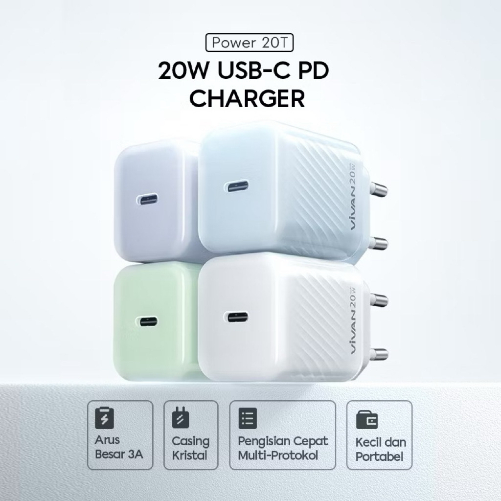 Vivan Power 20T Adaptor Charger USB-C PD20W , Charger iPhone 12,13,14,15 Fast Charging