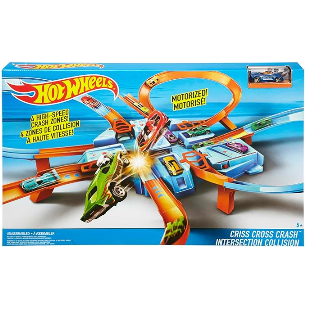 Hot Wheels Toy Car Track Set, Criss Cross Crash with 1:64 Scale Vehicle, Powered by a Motorized Boos