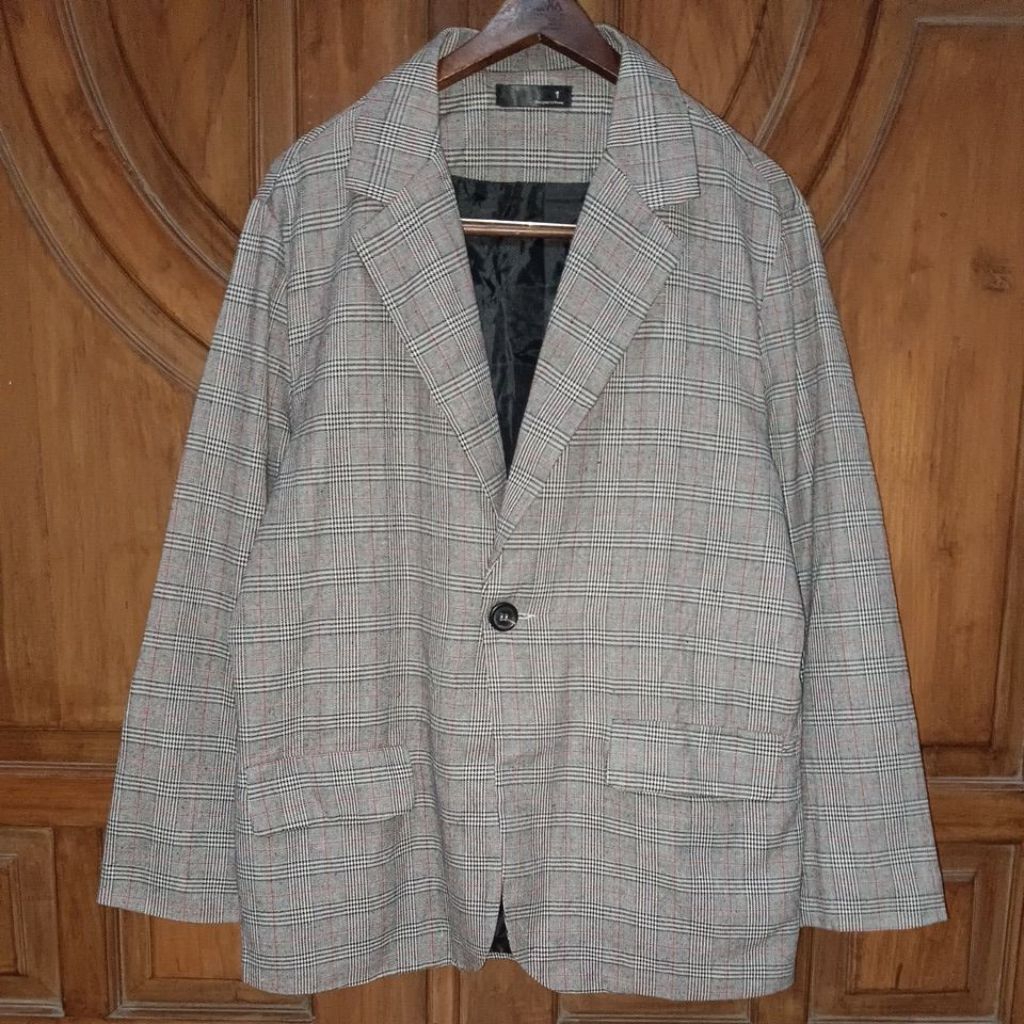 PRELOVED "1" Blazer Pria Tartan HS Abu Garis Merah Bigsize LD 112