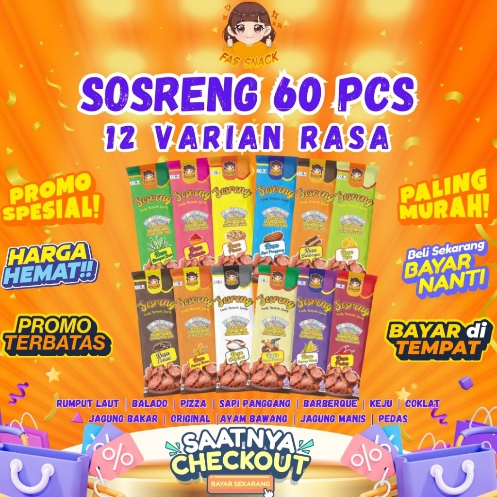 

SOSRENG KARAKTER ISI [ 60 PCS ] 12 VARIAN RASA PAKET USAHA VIRAL BY FASSNACK