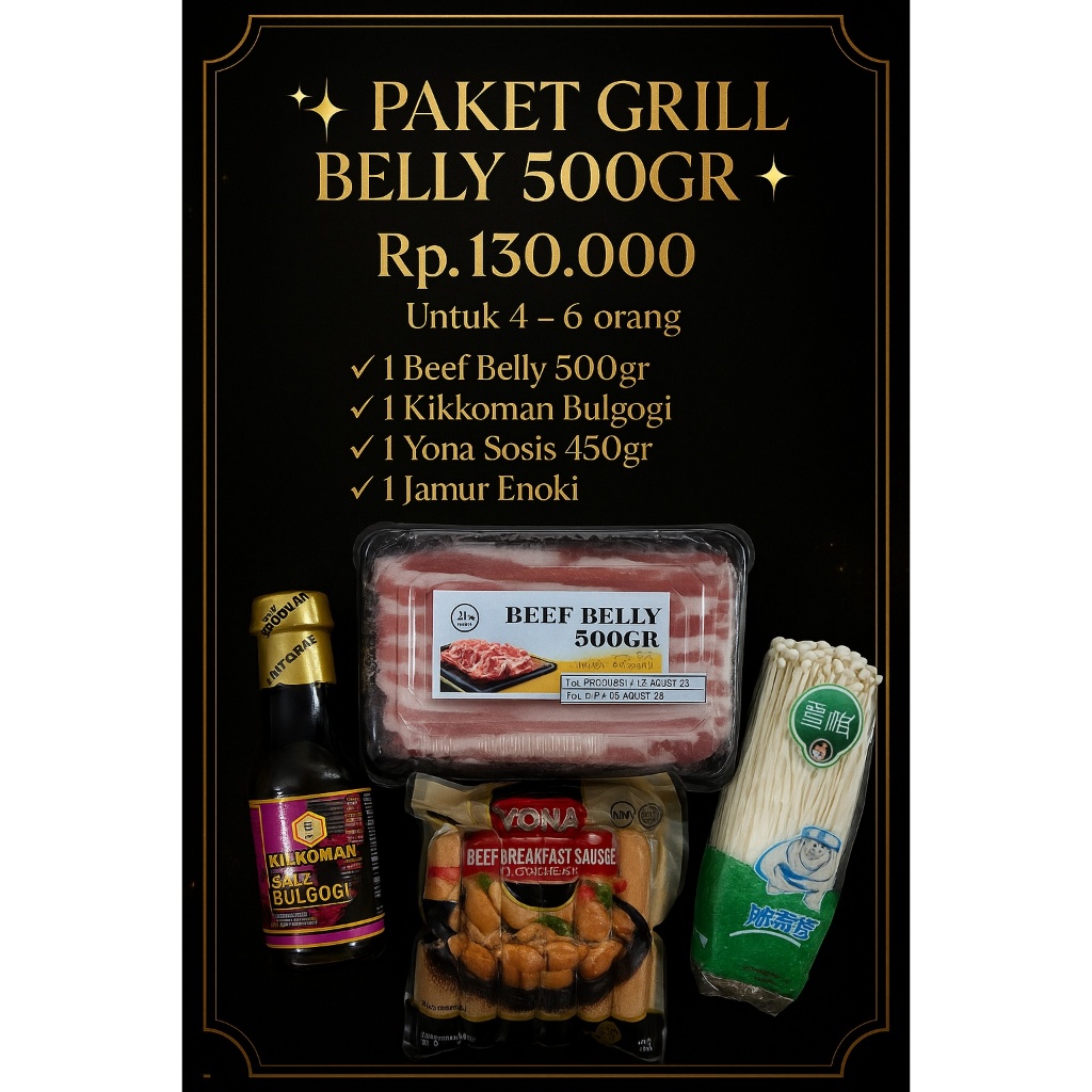 

Paket Grill Belly 500gr (Belly beef slice 500gr + kikkoman bulgogi + yona breakfast sosis 450gr + enoki) 4 - 6 orang