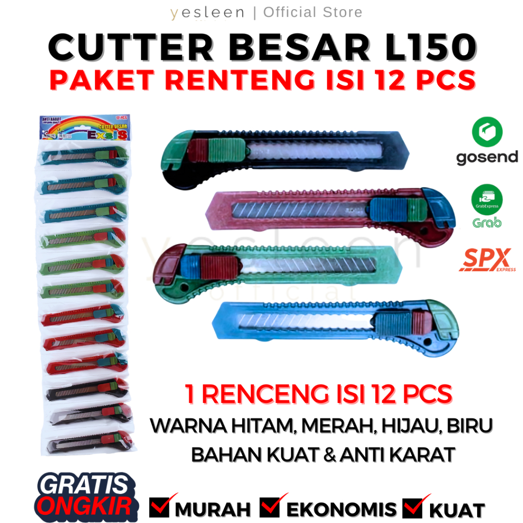 

CUTTER 12 PCS | PAKET HEMAT CUTTER SATU RENCENG ISI 12 PCS | PISAU KATER TAJAM MURAH EKONOMIS KUAT ANTI KARAT WARNA HITAM, HIJAU, BIRU, MERAH | CUTTER L150 L-150