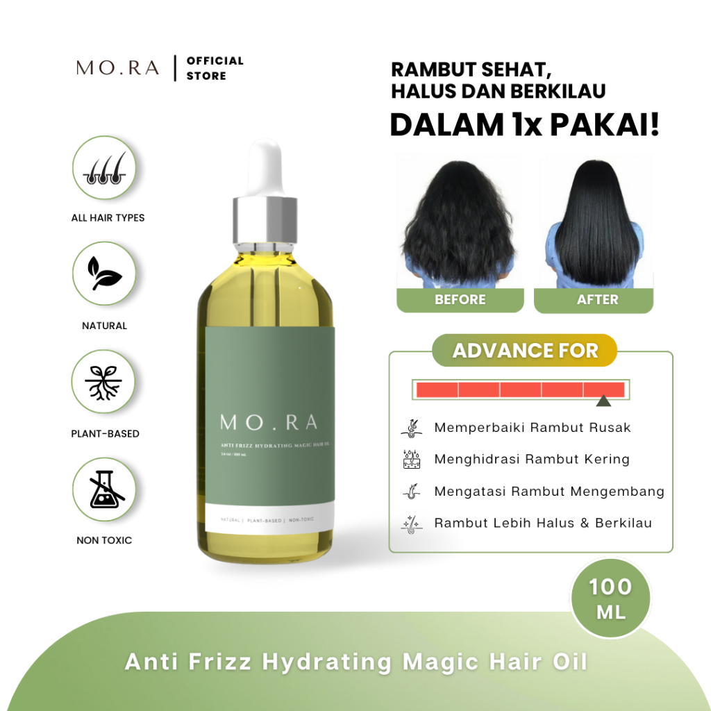 (MO.RA / MORA) ANTI FRIZZ HYDRATING MAGIC HAIR OIL 100ML / VEGAN HAIR OIL/ RAMBUT RUSAK / RAMBUT KER