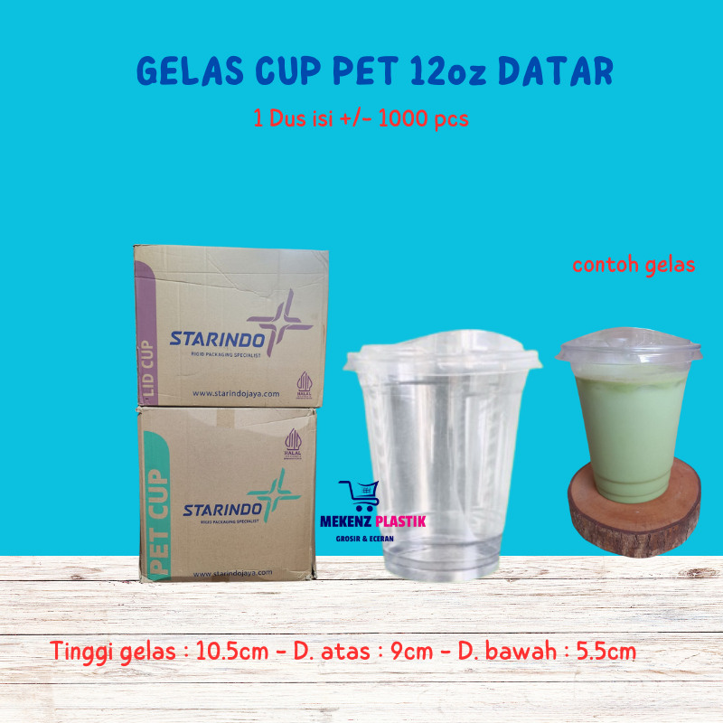 1 Dus Gelas Cup PET 12oz Datar Starindo l Tutup Gelas Plastik Strawless