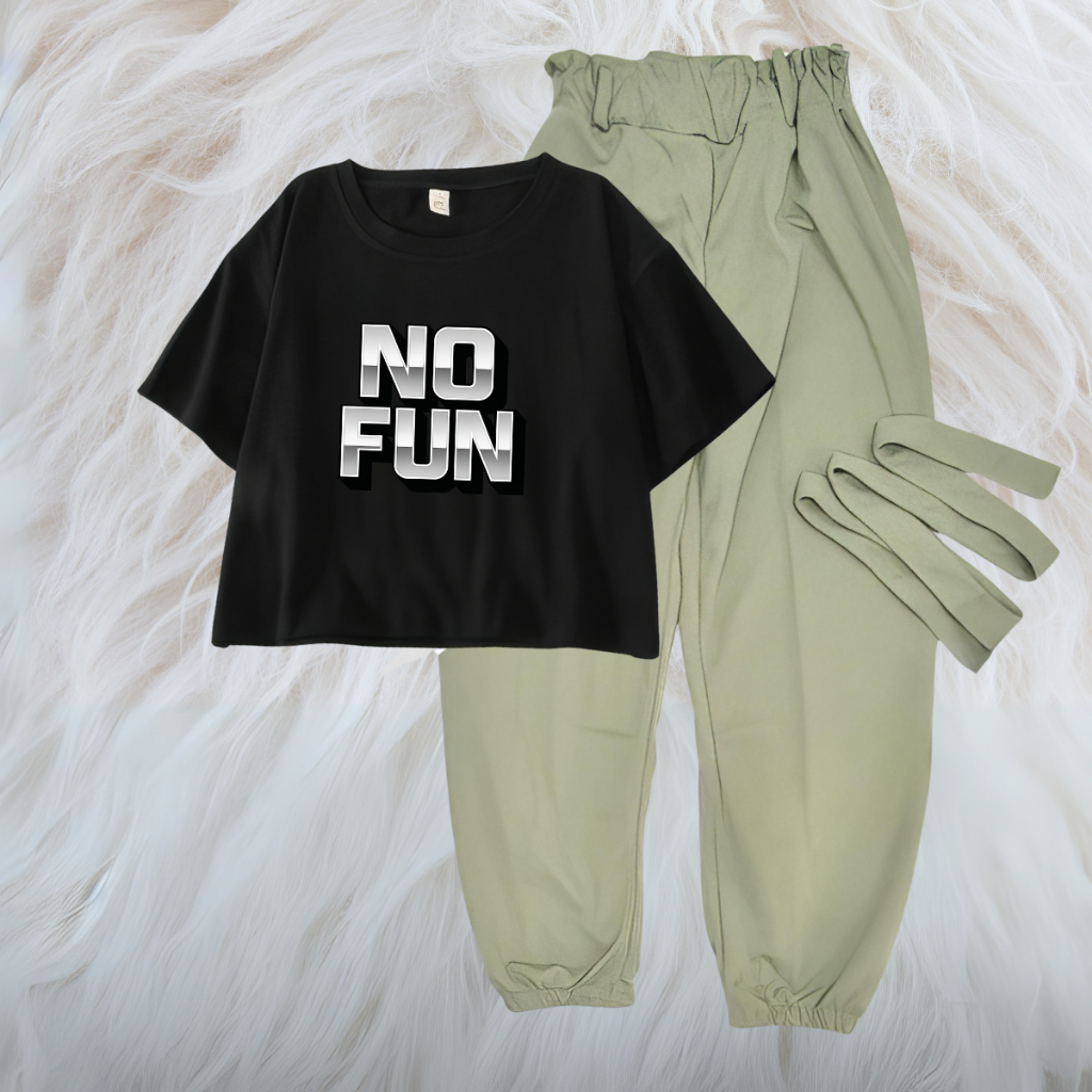 JBF One Set Celana Jogger Karet Moala Dan Atasan Crop Top Big Size No Fun