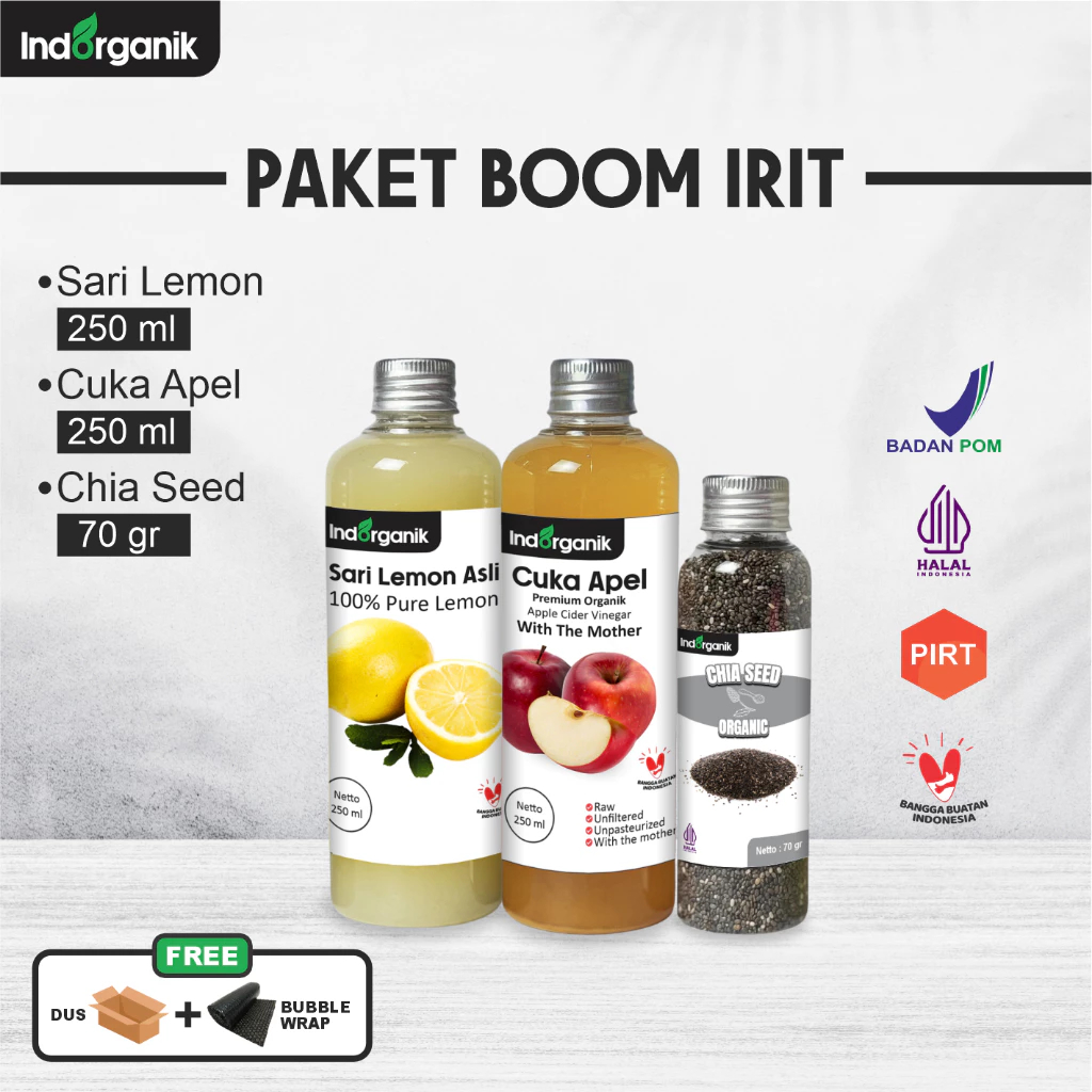 

INDORGANIK - PAKET DIET PAKET DETOX 3IN1 - SARI LEMON 250ML, CUKA APEL 250ML, CHIA SEED 70GR