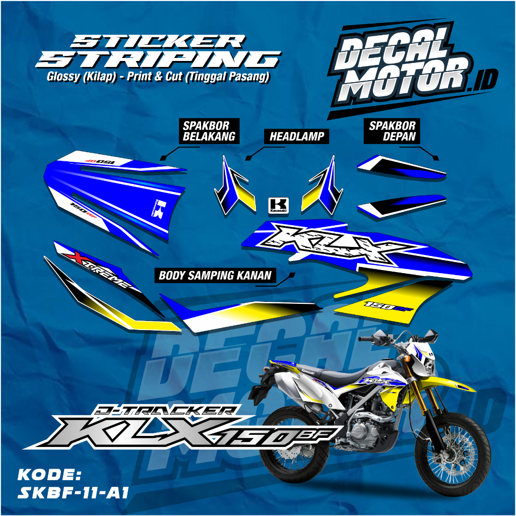 Sticker Striping KLX 150 BF EXTREME - DECAL KAWASAKI KLX 150 BF - VARIASI RACING BIRU KUNING MINIMAL
