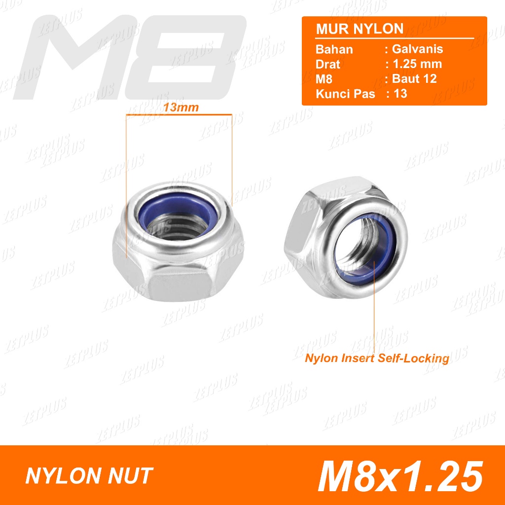 MUR NYLON M8 (kunci 13 - baut 12) / lock nut self locking / mur plastik atv sepeda motor industri te