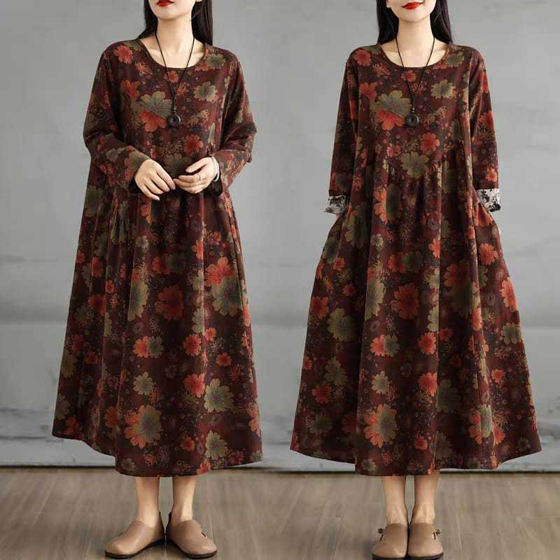 LC1989 Premium Oversized Midi Dress Katun Linen Motif Bunga Floral Fashion Retro Terbaru