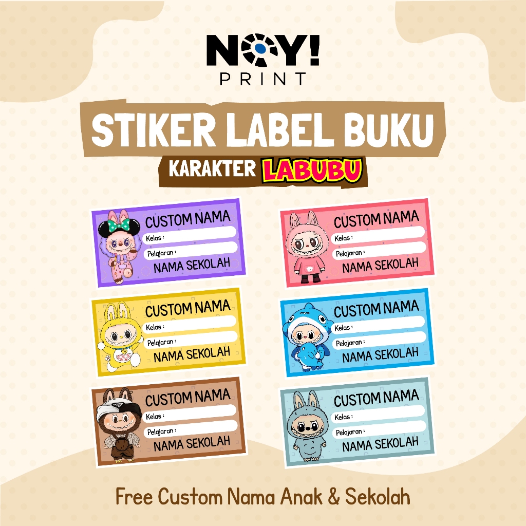 

NOY! Print (44 Pcs) Stiker Label Nama Buku Pelajaran Custom Nama & Sekolah - Karakter Labubu