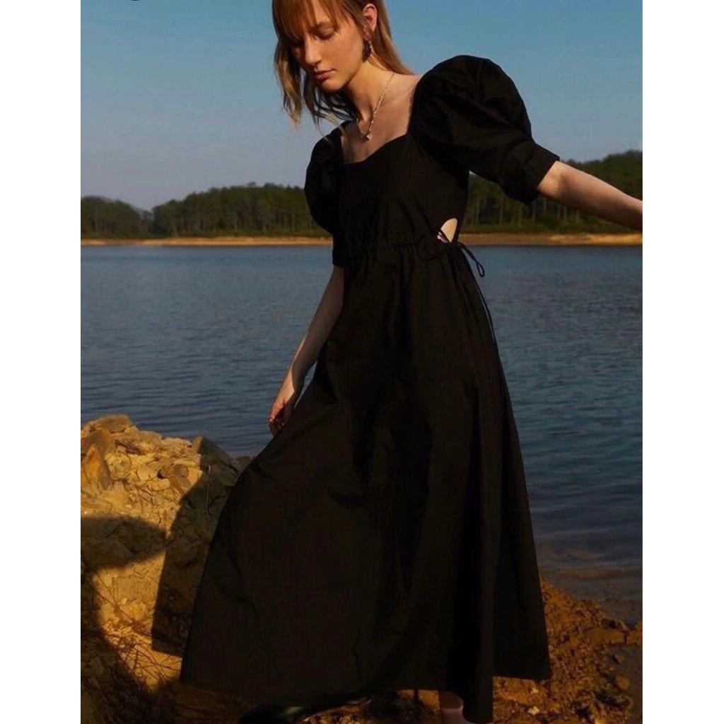 Zara Cut Out Puff Sleeved Poplin Dress