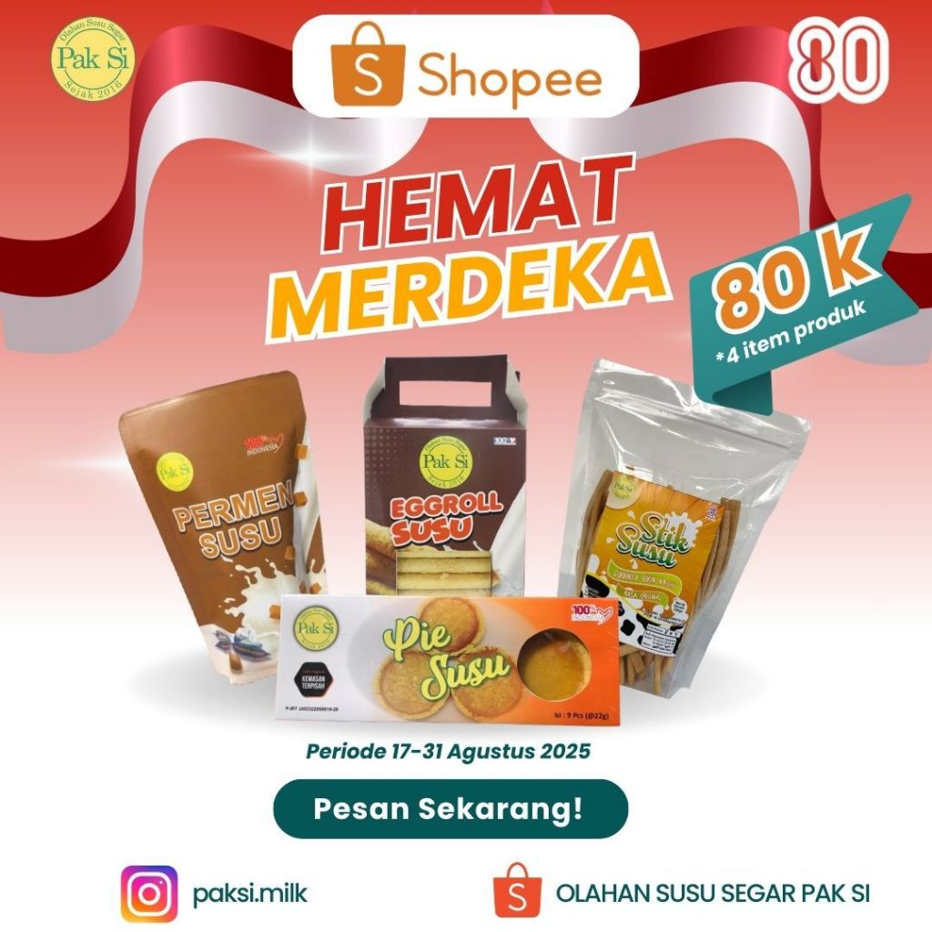 

Promo Bundling HEMAT MERDEKA Olahan Susu Pak Si Permen Susu Eggroll Susu Pie Susu Stik Susu