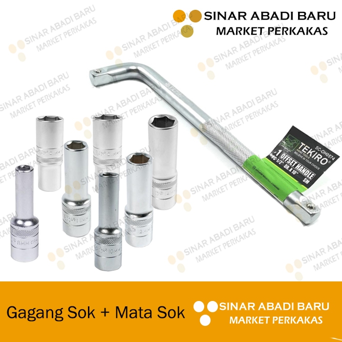 Paket Gagang Kunci Shock L Tekiro Offset Handle Sok 1/2 Inch + Mata Sock Panjang Deep Wall Ukuran 8-